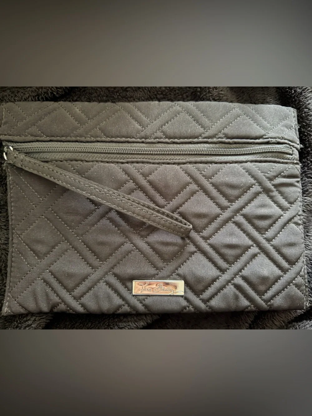 Vera Bradley Quilted Black Fabric Wristlet with Logo Plate